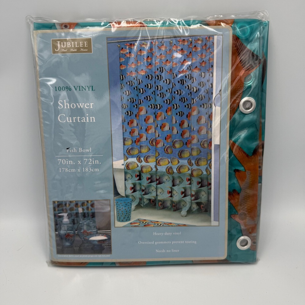 Vintage 90s Y2K Jubilee Fish Bowl Vinyl Shower Curtain 70x72 Blue Tropical Fish